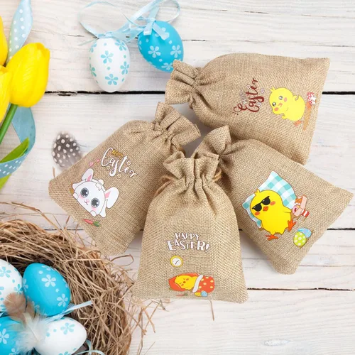 Vista 4 de LOKIPA 24 bolsas de arpillera de Pascua, bolsas de arpillera de yute de Pascua, bolsas pequeñas con cordones para recuerdos de fiesta de Pascua