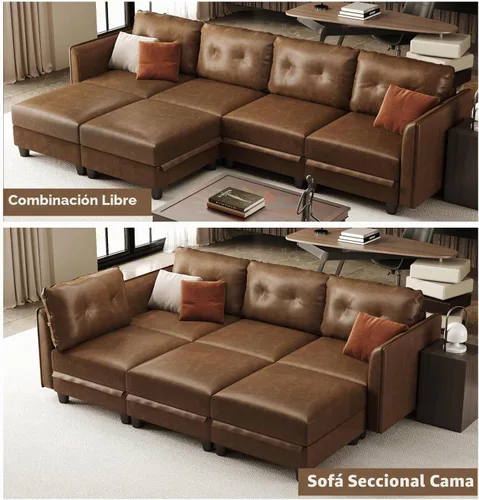 Vista 6 de LLappuil Sofá modular de cuero marrón Sofá seccional con almacenamiento