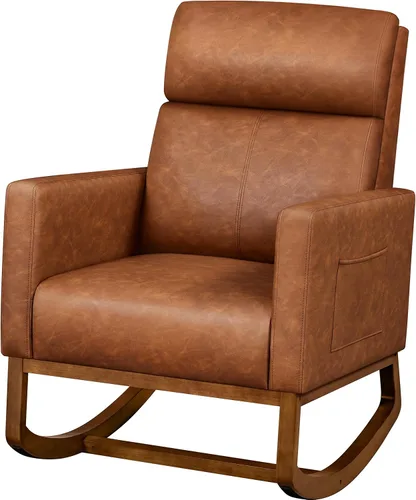 Vista 10 de Topeakmart Mecedora tapizada para cuarto de bebé, moderna silla de acento con patas de madera, bolsillo lateral, sillón mecedor para guardería, sala