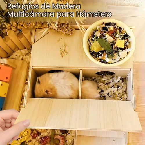 Vista 5 de Túnel de escondite de hámster de madera, casa multicámara, hámster enano, escondite, cabaña, laberinto, plataforma, hábitats exploradores, juguetes