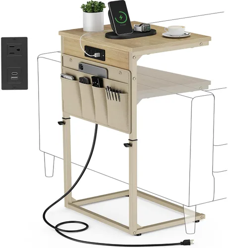 Vista 17 de Vagusicc - Mesa auxiliar en forma de C con estación de carga, mesa lateral de altura ajustable para sofá, mesa pequeña para sofá con laptop