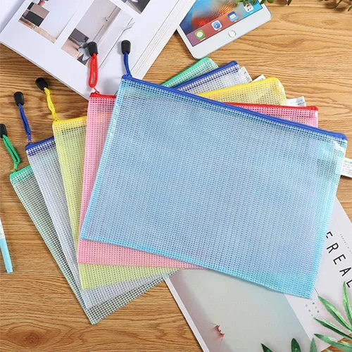 Vista 7 de Bolsa de malla con cremallera, bolsas impermeables con cremallera, tamaño A4, bolsas de malla multiusos con cremallera para organizar suministros