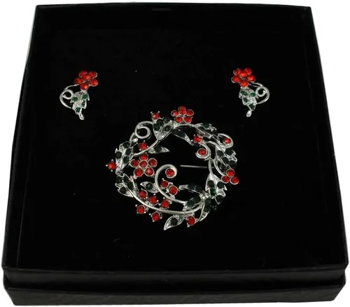 Vista 2 de Lilylin Designs Conjunto de regalo de joyería en caja con diseño floral de cristal rojo y verde, Metal, Sin piedra preciosa