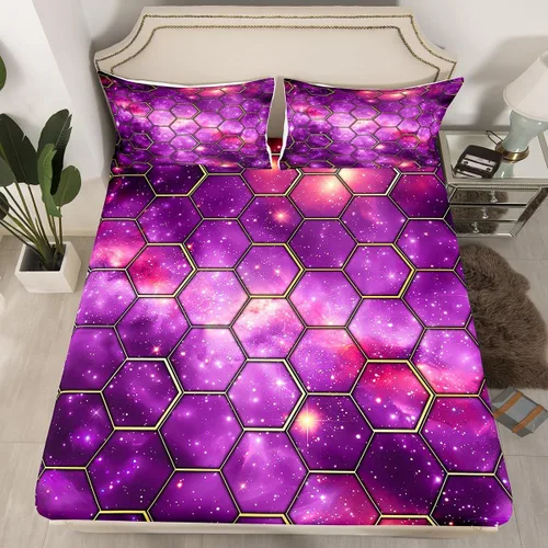 Vista 47 de Manfei Juego de sábanas bajeras de panal de galaxia, tamaño individual, 2 piezas, estampado geométrico hexagonal, funda de cama de cielo estrellado