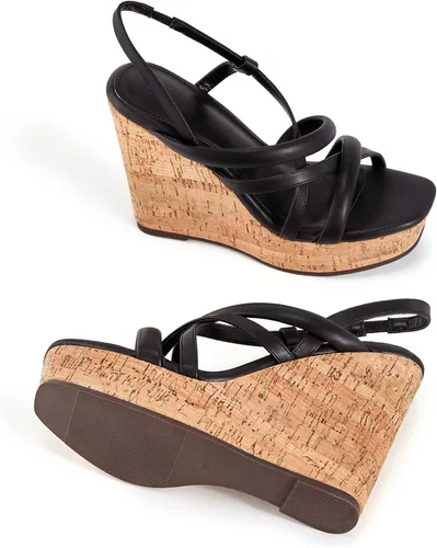 Vista 5 de Coutgo Sandalias de cuña para mujer con puntera abierta plataforma de corcho correa al tobillo zapatos elegantes de verano