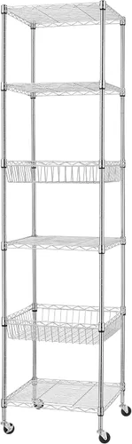 Vista 10 de Finnhomy Estantería de alambre resistente de 6 niveles con ruedas de 18 x 18 x 72 pulgadas, 6 estantes, estante de almacenamiento de metal, tubo
