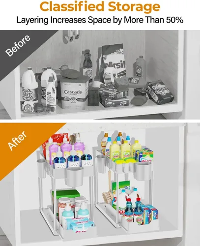 Vista 3 de Organizador para debajo del fregadero y almacenamiento de baño, paquete de 2 unidades, organizador de cesta de gabinete Kicthen de 2 niveles