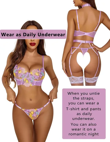 Vista 6 de Avidlove Conjunto de lencería para mujer con encaje bordado y brasier con tirantes y braga extraíble