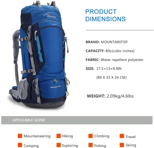 Vista 2 de MOUNTAINTOP Mochila de marco interno de 80L para hombre y mujer Mochila de senderismo con cubierta de lluvia Azul-80L