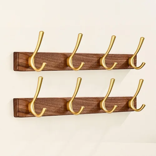 Vista 11 de Perchero de pared pequeño de madera de nogal de 17.3 pulgadas con 4 ganchos, colgador de chaquetas de madera resistente montado en puerta