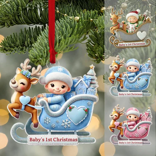 Vista 9 de Adorno personalizado de primera Navidad del bebé con carga de foto, decoración plana colgante de cara de recién nacido para árbol navideño, lindo