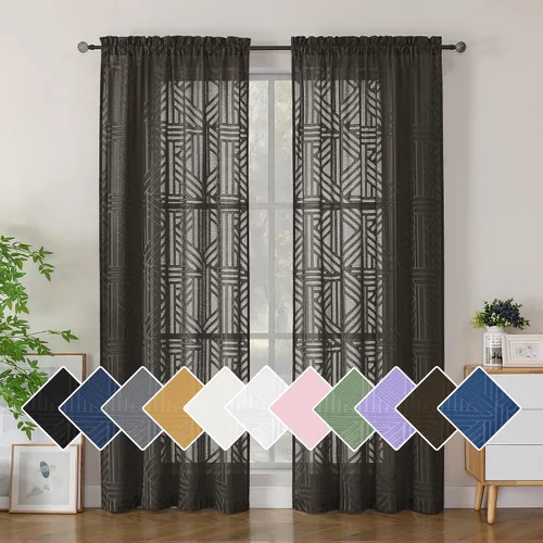 Vista 67 de Simplebrand Cortinas traslúcidas negras de cocina de 24 pulgadas de largo, 2 paneles, filtrado de luz, geométrico jacquard con textura, cortinas