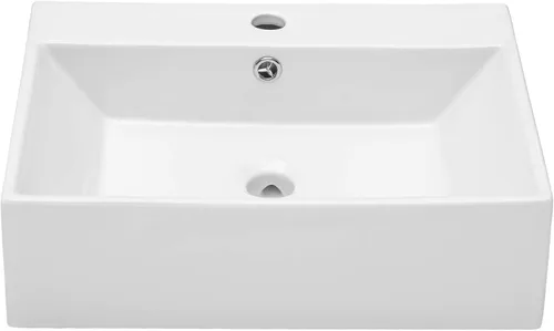 Vista 90 de Fregadero de baño de recipiente, semiempotrado, blanco y negro, 19 x 12 pulgadas, sobre encimera, fregaderos de cerámica rectangulares, encimera