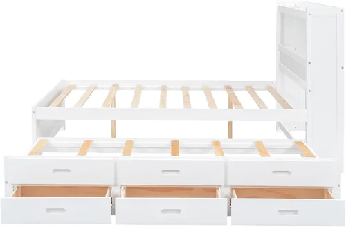 Vista 6 de VilroCaz Cama de plataforma multifunción de tamaño matrimonial con nido y cajones, plataforma de madera con cabecera de almacenamiento y enchufes
