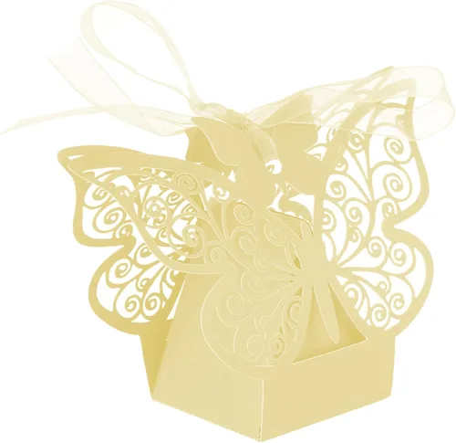 Vista 2 de Auto-plaza 50 cajas de regalo de mariposa cortadas con láser, cajas de dulces con cintas (beige)
