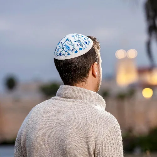 Vista 2 de Yair Emanuel Kipá Yarmulkes & Sombrero Yemenita Judaica Bordado Kipá Azul Flores y Pájaros (Paquete)