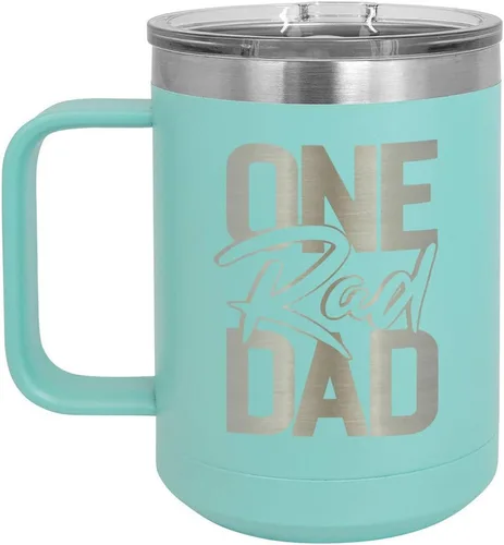 Vista 17 de ONE RAD DAD Taza de café negra de 15 oz con tapa deslizante Taza de café de viaje aislada Ideas de regalos del día del padre de hijo o hija