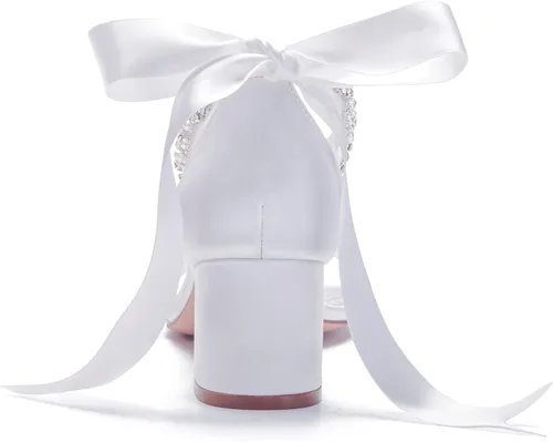 Vista 5 de Sandalias de tacón bajo para mujer, con correa de tobillo gruesa, perlas, zapatos de vestir de boda, tacón bajo, cómodas sandalias de tacón bajo