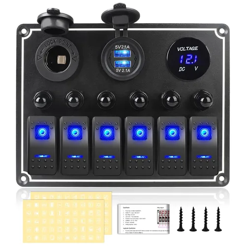 Vista 11 de Panel de interruptores de barco marino de 5 posiciones con cargador USB dual y voltímetro, panel de interruptores basculantes de aluminio
