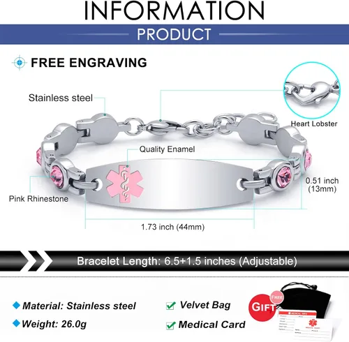 Vista 3 de JFJEWER Pulseras de alerta médica para mujeres y hombres, grabado gratis, pulsera de identificación médica personalizable, incluye una tarjeta