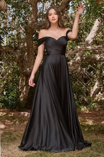 Vista 8 de PEIYJYUSP Vestidos de dama de honor de satén con hombros descubiertos para boda, largo, fruncido, acampanado, vestido de graduación formal