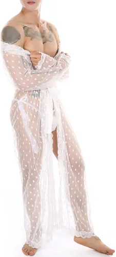 Vista 2 de Batas tipo kimono de encaje para hombre, manga larga, sexy, malla transparente, con cinturón, bata de baño, tanga transparente