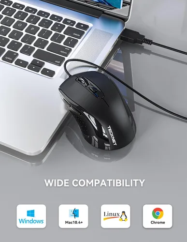 Vista 6 de TECKNET Ratón con Cable, Ratones de Computadora con Cable USB, 3600DPI 4 Niveles Ajustables, Ratón Ergonómico de 6 Botones para Laptop PC Desktop