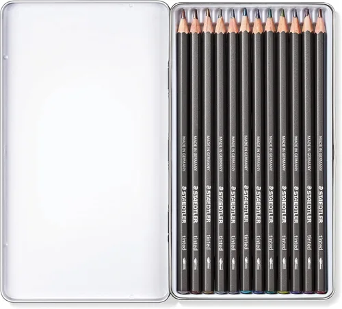 Vista 2 de STAEDTLER - Lápices de grafito tintados solubles en agua, juego de artista de acuarela, pre-afilados, 12 colores en estuche de metal, 14610T M12