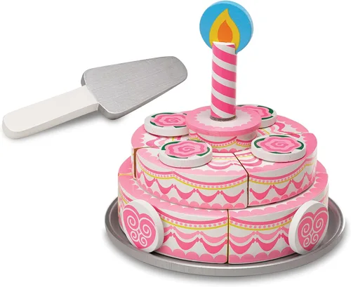 Vista 4 de Juguete de madera en forma de pastel de fiesta de tres capas Melissa & Doug, construcción robusta con pestañas autoadhesivas, gran regalo para niñas