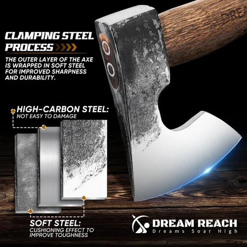 Vista 3 de Dream Reach Hacha con Mango Carbonizado de 14.5" Hacha de Camping con Funda Hacha de Bushcraft con Mango Carbonizado, Ejes de Tallado Forjados a