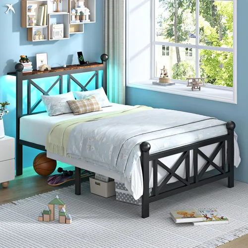 Vista 6 de ChicZhiNest Marco de cama tamaño Twin con estación de carga y luces LED, cama de plataforma de metal con cabecera de madera y estante