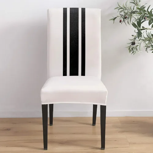Vista 4 de Funda para silla de comedor, diseño navideño a rayas blancas y negras, estilo rústico, estilo granja, protector elástico para sillas Parsons