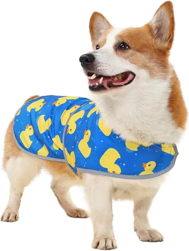 Vista 14 de Impermeable para perros pequeños y cachorros, chaqueta impermeable con capucha con tiras reflectantes, agujero para la correa y poncho de ajuste