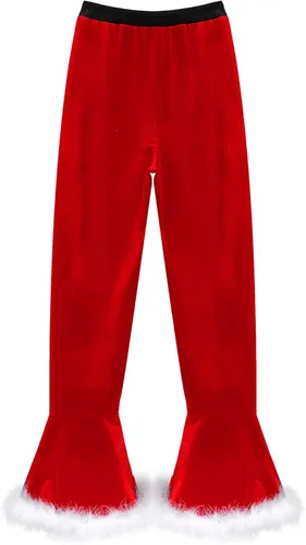 Vista 6 de Nikiikoo Disfraz de Sra. Santa Claus para mujer, de terciopelo suave y cálido, pantalones acampanados para Navidad, con ribete de piel sintética