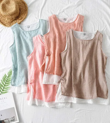 Vista 6 de SCOFEEL Camiseta sin mangas de lino ligero para mujer, camiseta sin mangas de doble capa