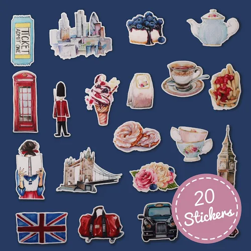 Vista 2 de Navy Peony Calcomanías de viaje excéntricas de Inglaterra (20 piezas) - para álbumes de recortes, diarios