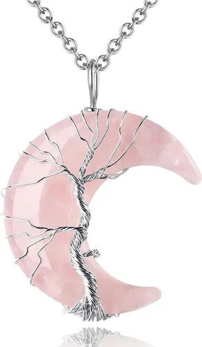 Vista 10 de MAIBAOTA Collar de Cristal Curativo, Collar de Luna Creciente con Árbol de la Vida envuelto en alambre, Collares con Colgante de Piedra Natural