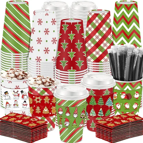 Vista 8 de Ziliny 100 juegos de tazas de papel de Navidad con manga y tapa con pajita, tazas de chocolate caliente y cacao para fiestas de Navidad, suministros