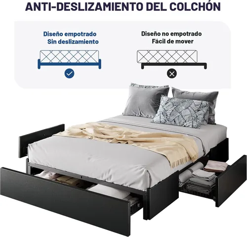 Vista 8 de Marco de cama Allewie tamaño matrimonial con plataforma y 3 cajones de almacenamiento, tapizado en piel sintética, soporte de listones de madera,