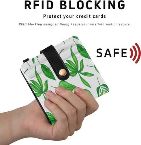 Vista 4 de Qilmy Green Leaves Compact Women's Wallet - RFID Blocking Bifold Card Case PU Leather Slim Travel Wallet with Zipper Coin Pocket, ID Window &