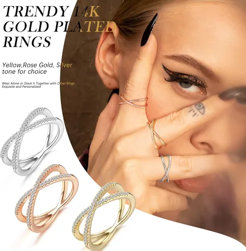 Vista 5 de Diamday Anillo en X chapado en oro de 14 quilates con circonita cúbica brillante apilable, anillos de boda con diamantes de imitación cruzados