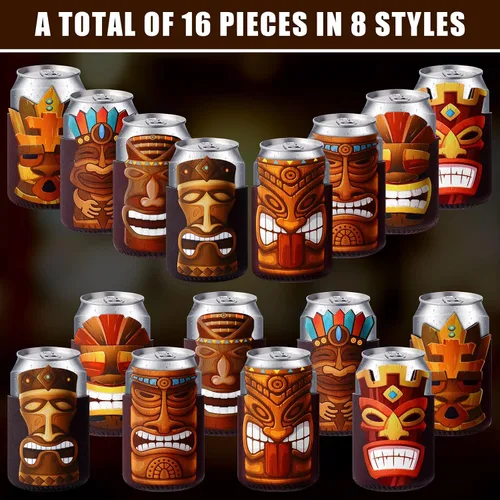 Vista 7 de Tarpop 16 fundas para latas de cerveza Tiki Party con aislamiento a granel, de neopreno, Luau Soda para bebidas de cerveza, funda para botella