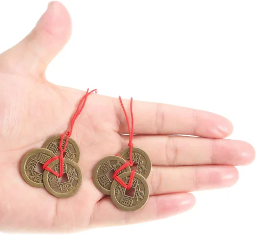 Vista 5 de Boao Monedas china de la fortuna Feng Shui I Ching Monedas de buena suerte tradicionales de latón, Adorno para el Año Nuevo con cadena roja
