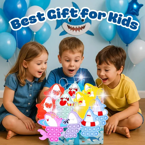 Vista 4 de Recuerdos de fiesta de tiburones para niños, 24 piezas, juguetes para ansiedad pop llavero para niños, bolsas de regalos, regalos de cumpleaños