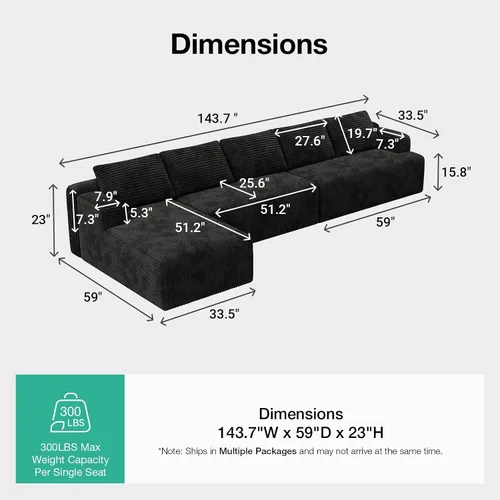 Vista 2 de Novilla Camillas deshuesadas en forma de L de 144 pulgadas para sala de Negro