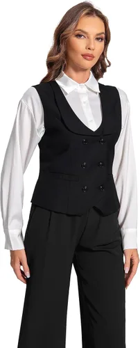 Vista 6 de Foucome Chaleco de doble botonadura para mujer, chaleco elegante con cuello de solapa