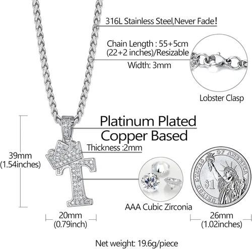 Vista 5 de Richsteel A-Z Crown Initial Necklace For Men Women 18K Gold Plated Shiny Cubic Zirconia Monogram Pendant with 22'' Chain+2'' (Extended) Fashion