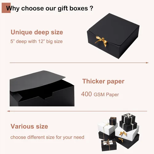 Vista 3 de Mcfleet Cajas de Regalo Negras con Tapas de 12 x 12 x 5 pulgadas, paquete de 10 cajas de propuesta para padrinos de boda, caja de regalo de cartón