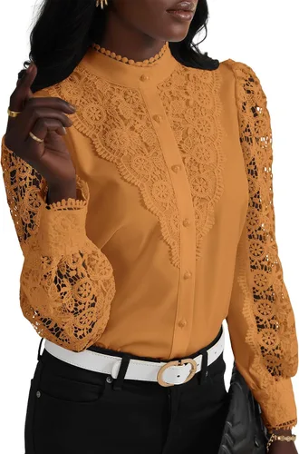 Vista 23 de Rooscier Blusa Elegante de Encaje de Crochet con Cuello Alto Simulado de Manga Larga con Botones para Mujer Top
