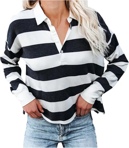 Vista 6 de Camiseta de manga larga con botones y cuello de solapa y estampado a rayas para mujer